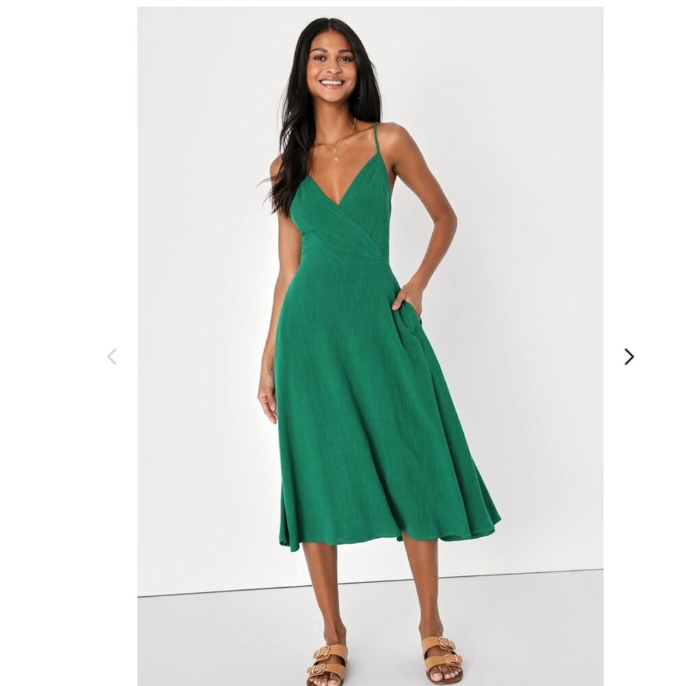 Lulu's Warm Afternoons Green Linen Tie-Back Midi Dress wPockets NWT